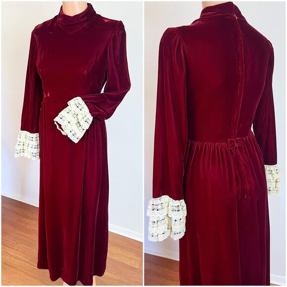 Vintage 60s / 70s Red Maroon Velvet Holiday Maxi Dress // Size Small - Picture 1 of 8